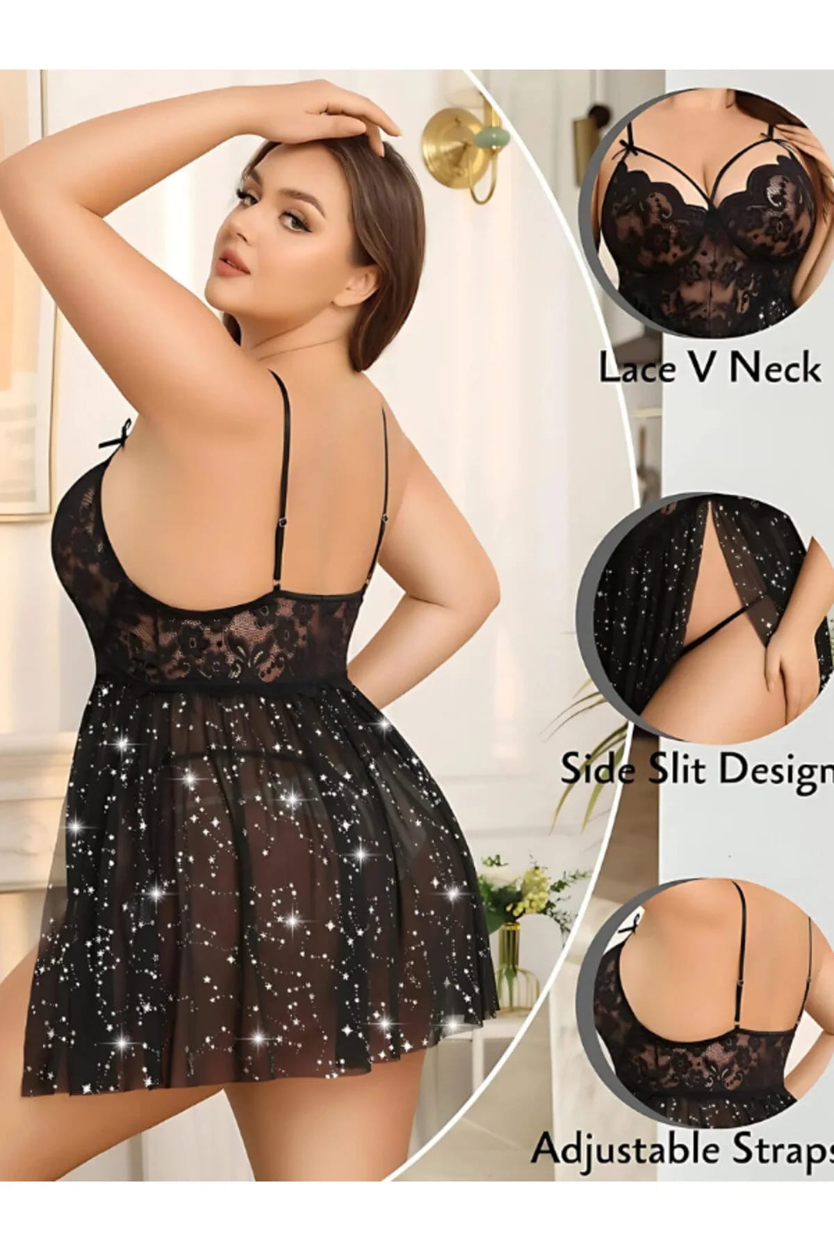kissbump büyük beden dantelli gecelik – derin yırtmaçlı plus size mor model