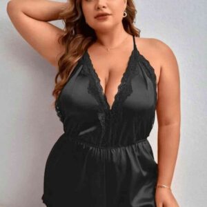 kissbump büyük beden saten gecelik – dantelli siyah plus size model