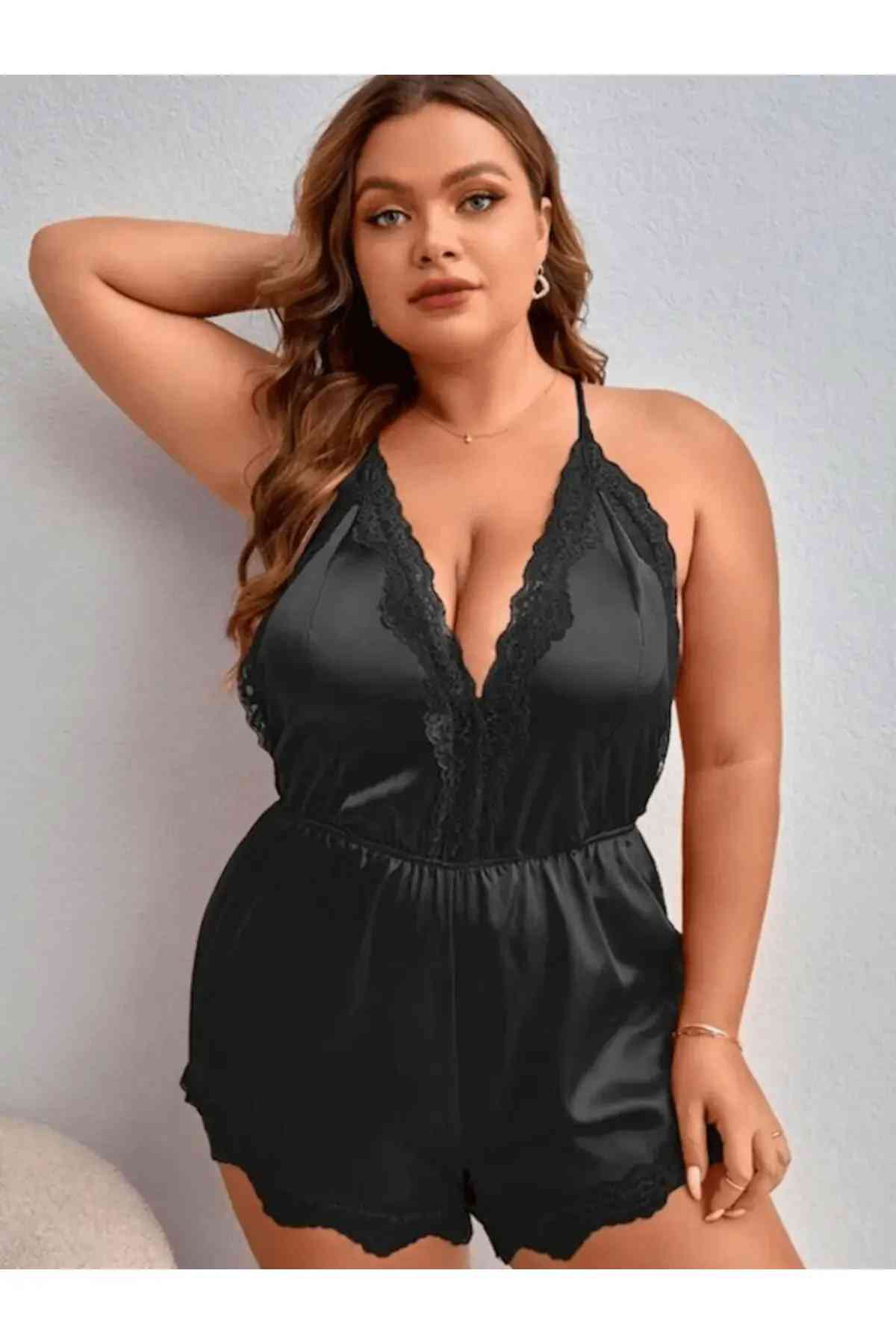 kissbump büyük beden saten gecelik – dantelli siyah plus size model