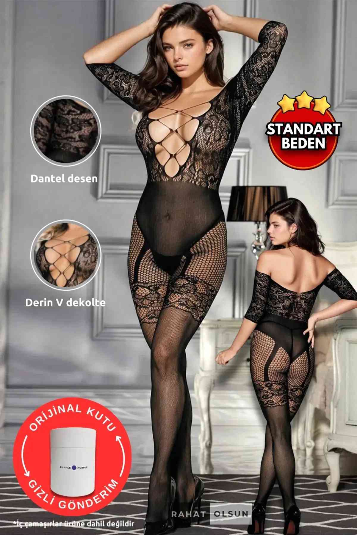 kissbump siyah dantel detaylı file vücut Çorabı – transparan tek parça fantazi tulum gecelik