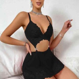 siyah dantel fantazi gecelik – taşlı kalp aksesuarlı seksi İç giyim, büyük beden seçenekli