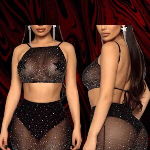 kissbump siyah simli transparan fantazi takım – tül büstiyer etek string 3’lü set