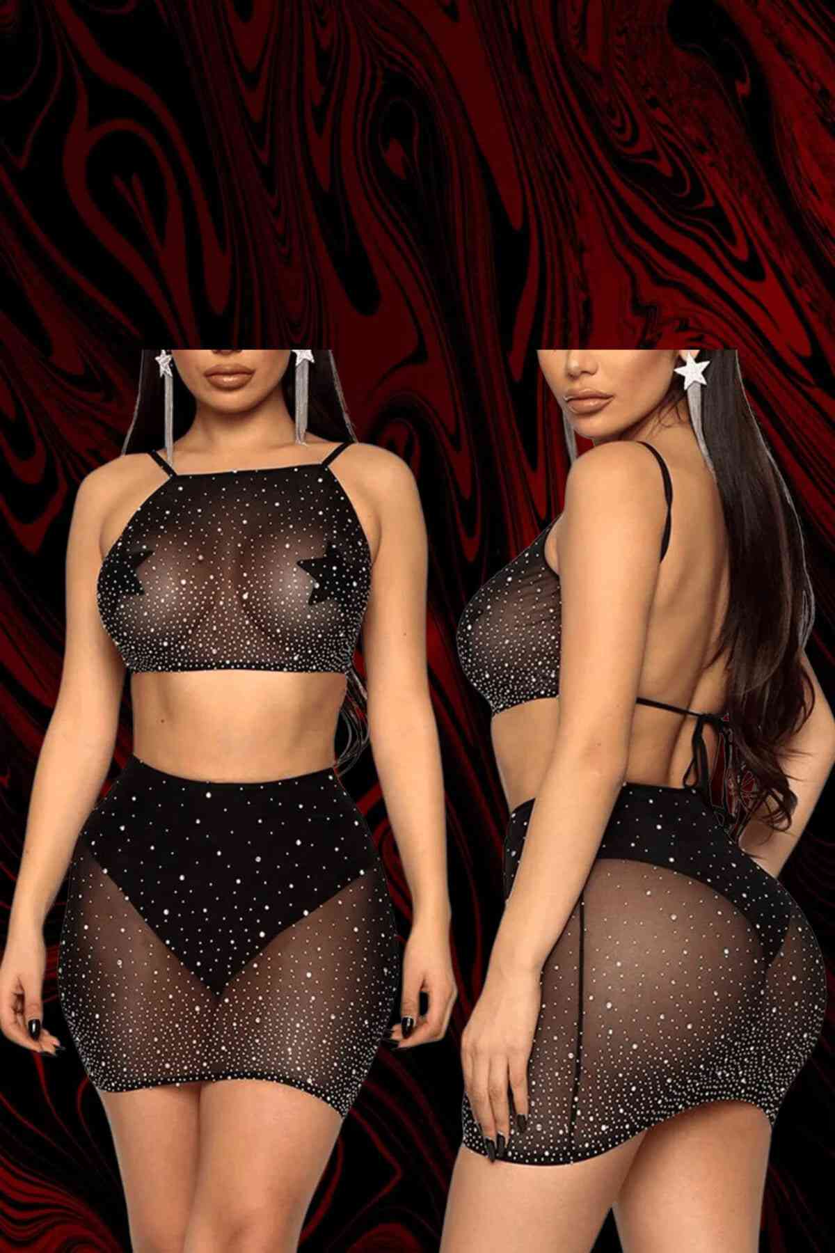 kissbump siyah simli transparan fantazi takım – tül büstiyer etek string 3’lü set